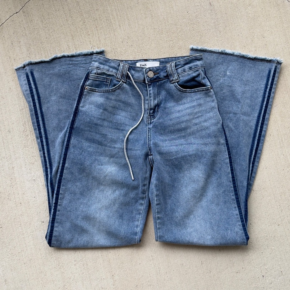 DouX Wide Leg Jeans Women's Size 2 Blue Side Stripe Raw Hem Y2K 2000s